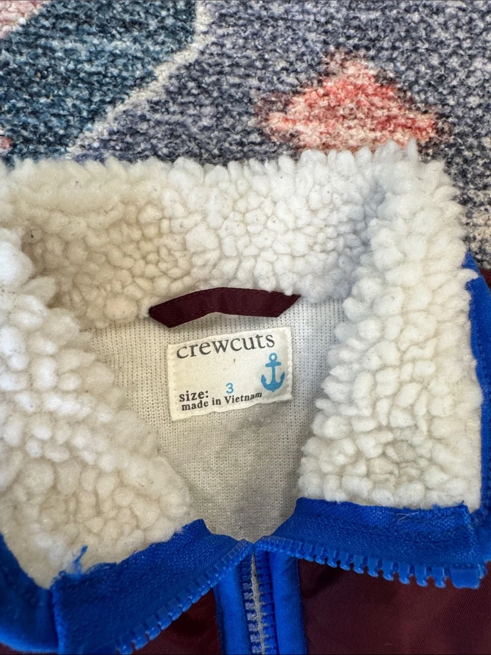 Crewcuts Cream Sherpa Jacket with Maroon Panels and Blue Trim